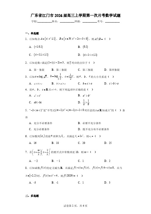 广东省江门市2024届高三上学期第一次月考数学试题(含解析)