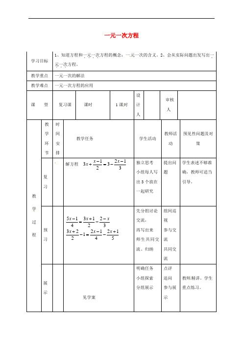 吉林省通化市七年级数学上册《3 一元一次方程(二)》复习导学案(无答案)(新版)新人教版