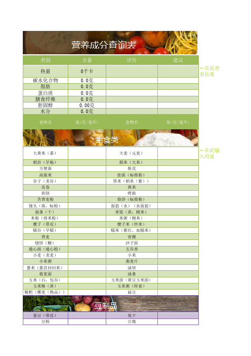 营养成分查询表excel模板表格