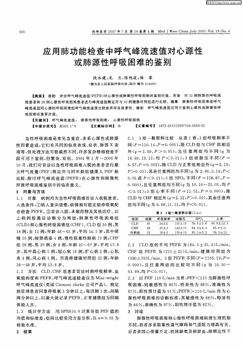 应用肺功能检查中呼气峰流速值对心源性或肺源性呼吸困难的鉴别