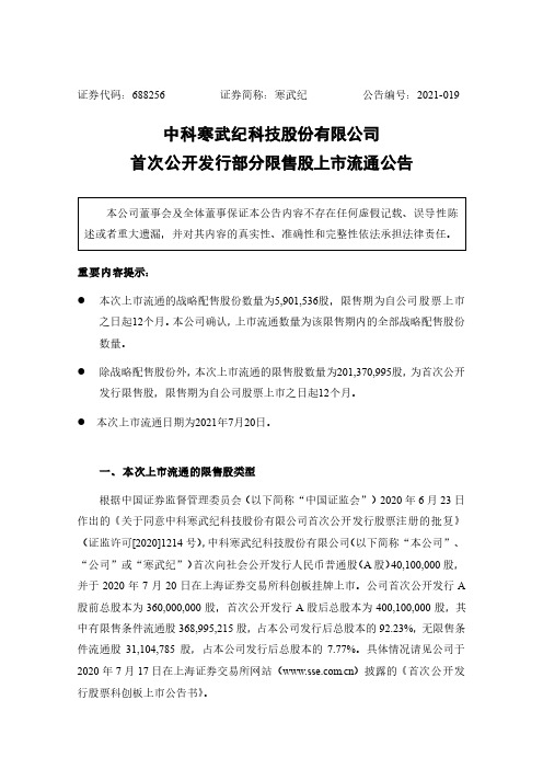 688256首次公开发行部分限售股上市流通公告