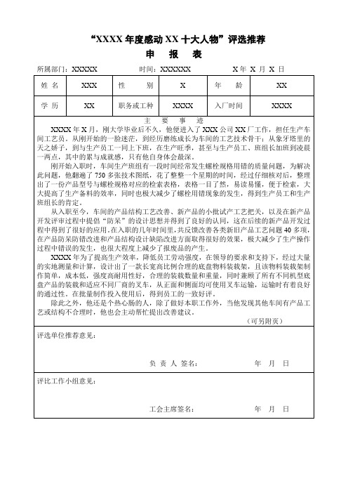 评优评选推荐申报表