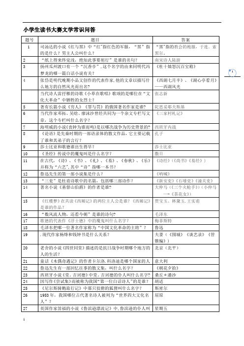 小学生读书大赛文学常识问答(含答案)