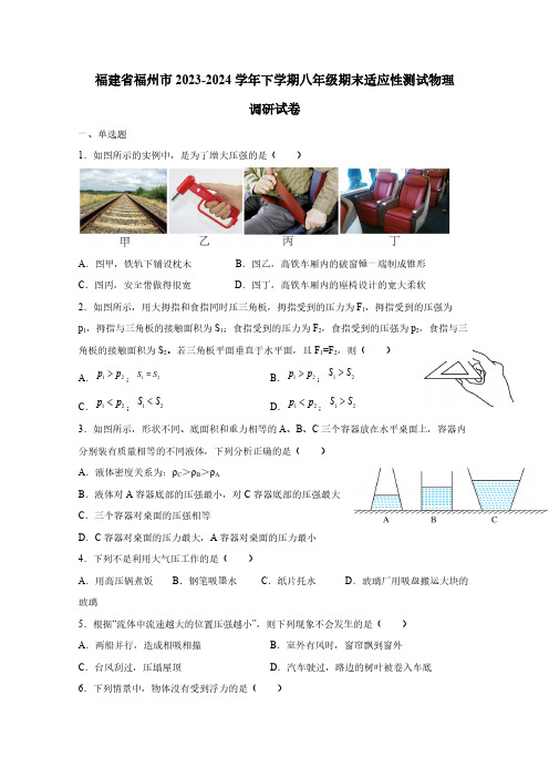 福建省福州市2023-2024学年下学期八年级期末适应性测试物理调研试卷(含答案)