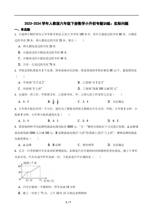 2023-2024学年人教版六年级下册数学小升初专题训练：实际问题(含答案)