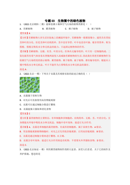 专题03 生物圈中的绿色植物-备战2023年中考生物一模、二模优质试题分类汇编(北京专用)(解析版)