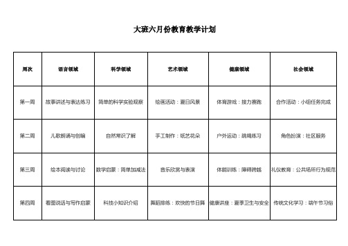 大班六月份教育教学计划