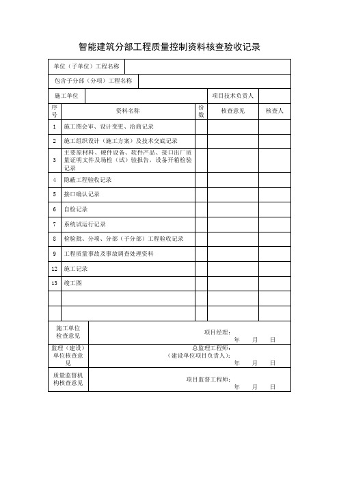 智能建筑分部工程质量控制资料核查验收记录