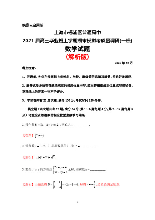 2020年12月上海市杨浦区普通高中2021届高三上学期期末模拟考质量调研(一模)数学试题(解析版)