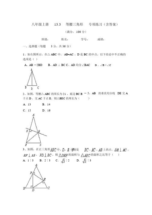 人教版数学八年级上册《13.3等腰三角形》专项练习(含答案).doc