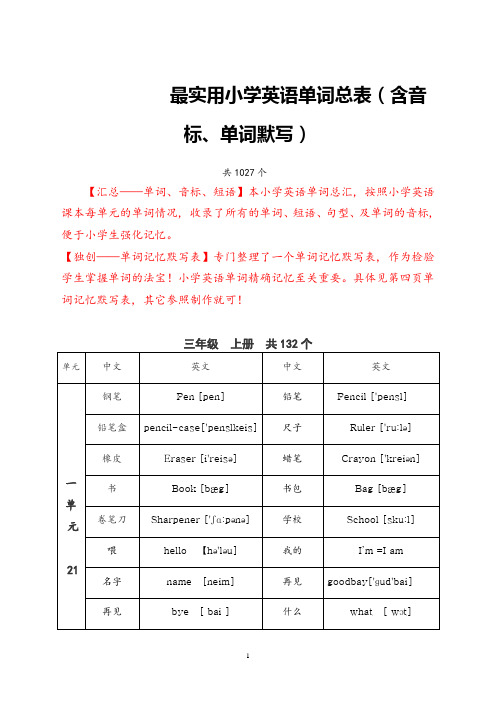 (完整版)最实用小学英语单词总表(含音标、单词默写表)