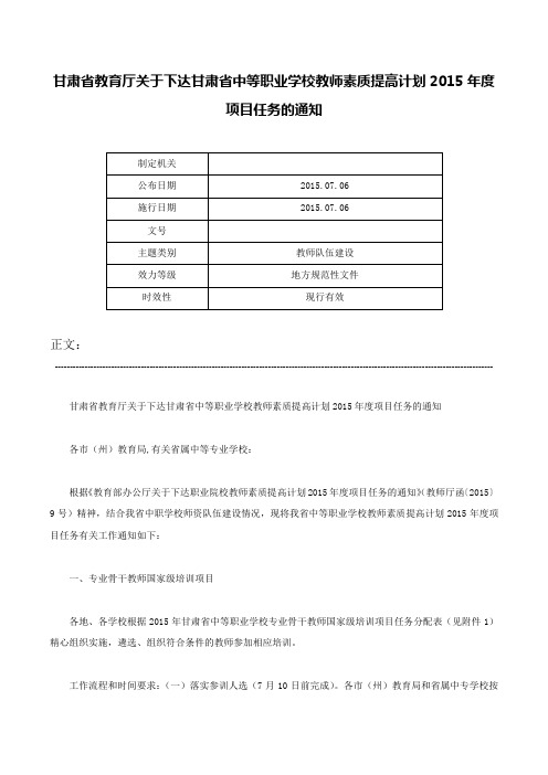 甘肃省教育厅关于下达甘肃省中等职业学校教师素质提高计划2015年度项目任务的通知-