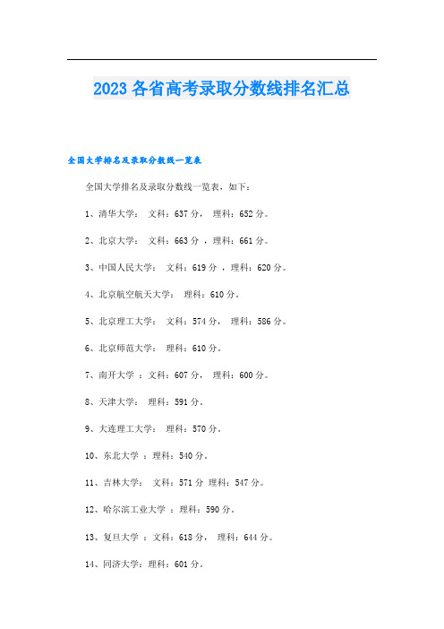 各省高考录取分数线排名汇总