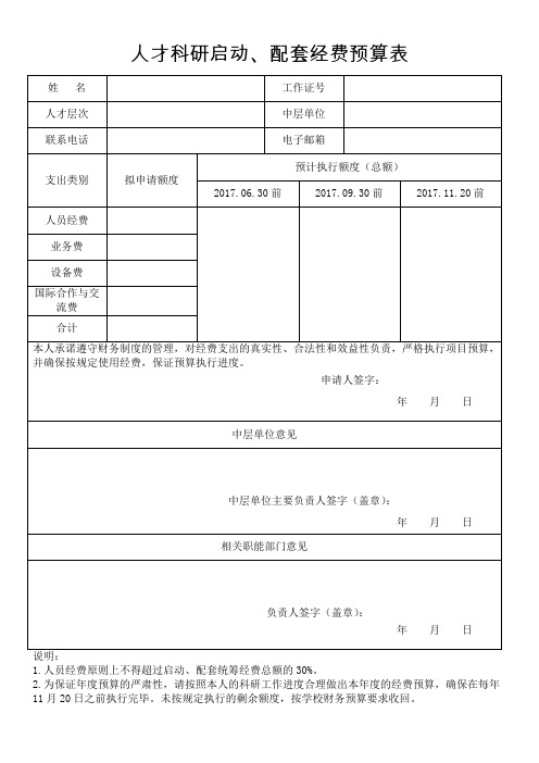 人才科研启动、配套经费预算表及预算说明书