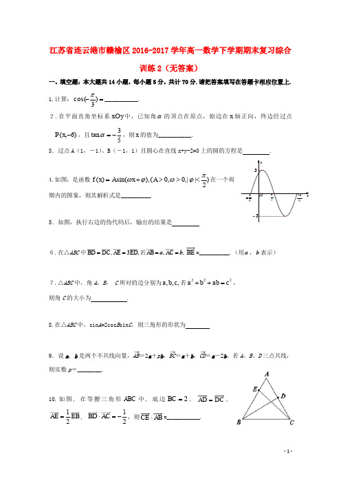 江苏省连云港市赣榆区高一数学下学期期末复习综合训练2(无答案)