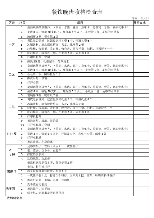 餐饮晚班收档检查表