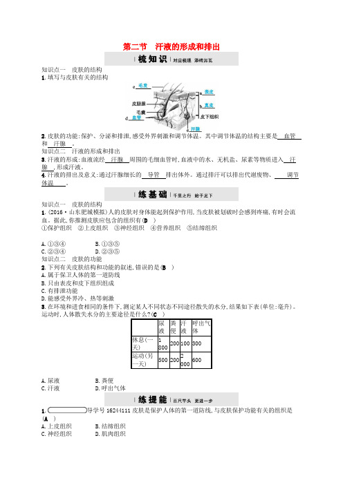 2017_2018学年七年级生物下册3.4.2汗液的形成和排出检测新