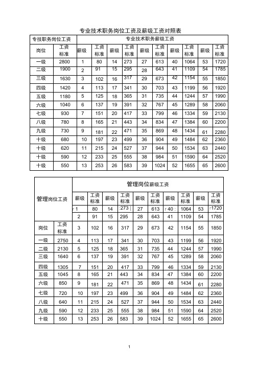 专业技术职务岗位工资及薪级工资对照表(A4)