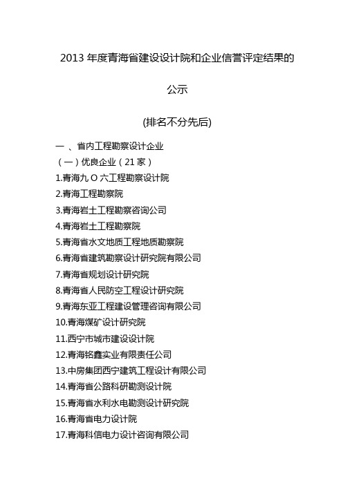 青海省建设设计院和企业信誉评定结果的