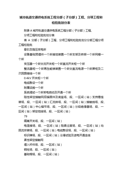 城市轨道交通供电系统工程分部（子分部）工程、分项工程和检验批划分表