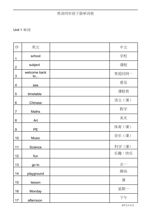 (完整版)苏教版四年级下册英语单词表