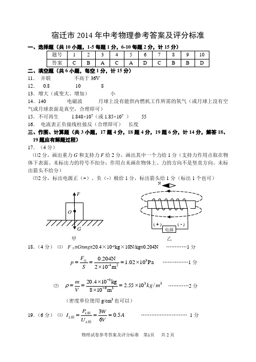 2014中考物理试卷参考答案