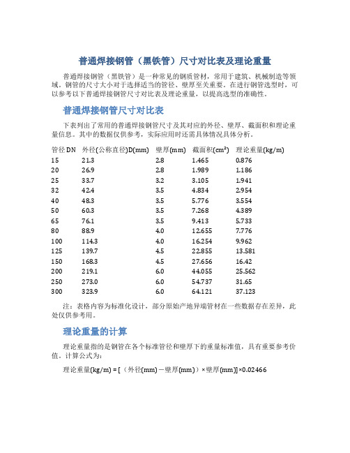 普通焊接钢管(黑铁管)尺寸对比表及理论重量