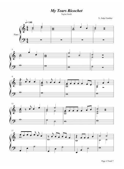 钢琴谱 My Tears Ricochet-Taylor Swift 五线谱_共7张(全)