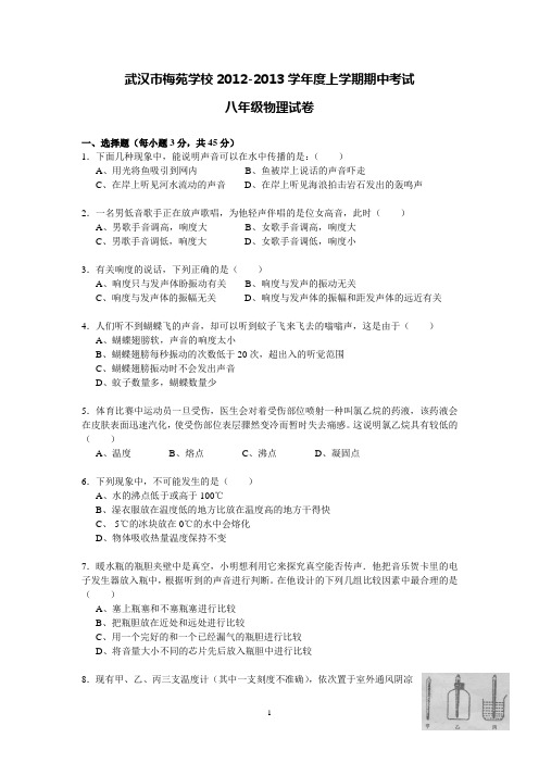 武汉市梅苑学校2012-2013学年度上学期期中考试八年级物理试卷