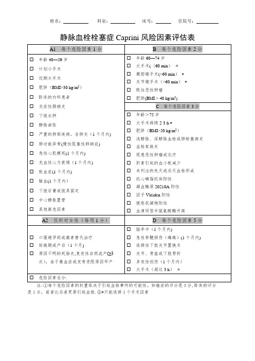 静脉血栓栓塞症Caprini风险因素评估表