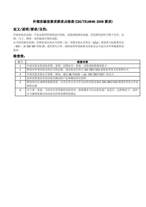 外部实验室要求要求点检表(TS16949要求)