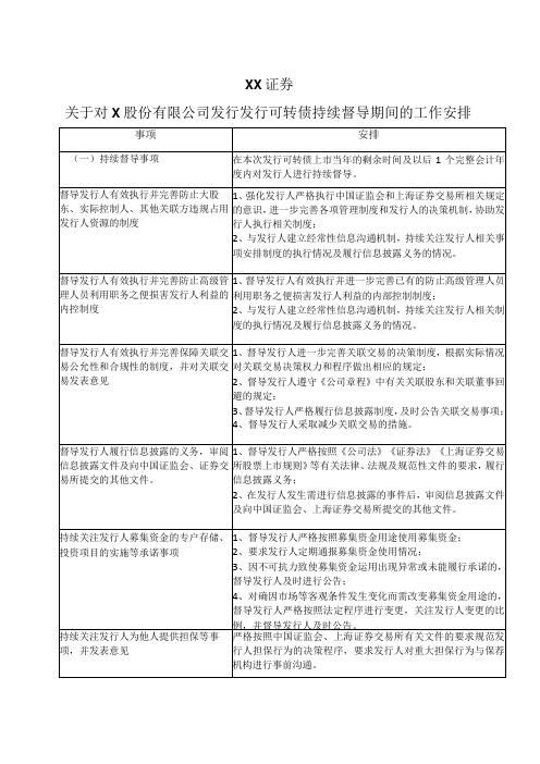 XX证券关于对XX股份有限公司发行发行可转债持续督导期间的工作安排(2023年)