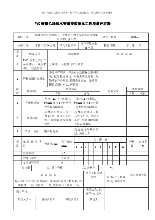 PVC硬聚乙烯给水管道安装单元工程质量评定表模板