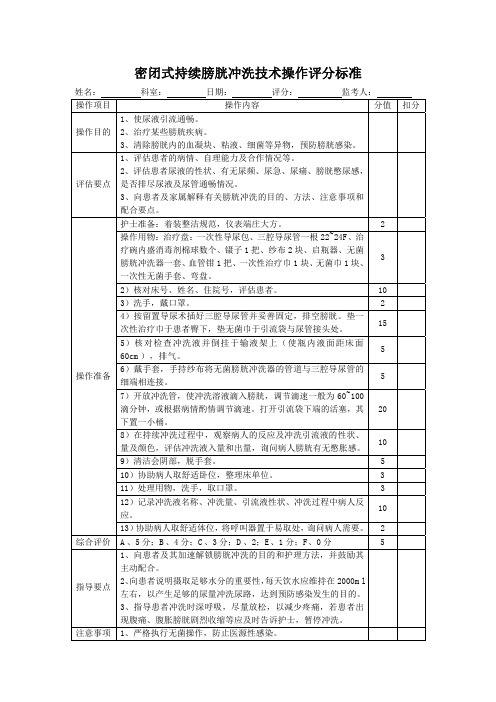 密闭式持续膀胱冲洗技术操作评分标准表