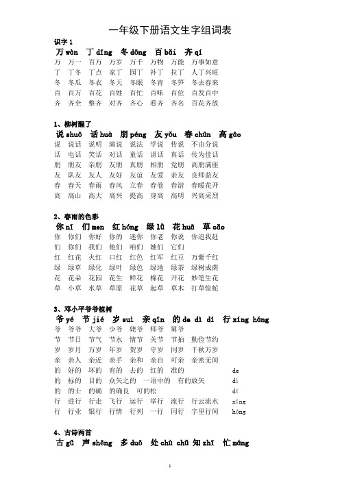 一年级下册语文生字组词表