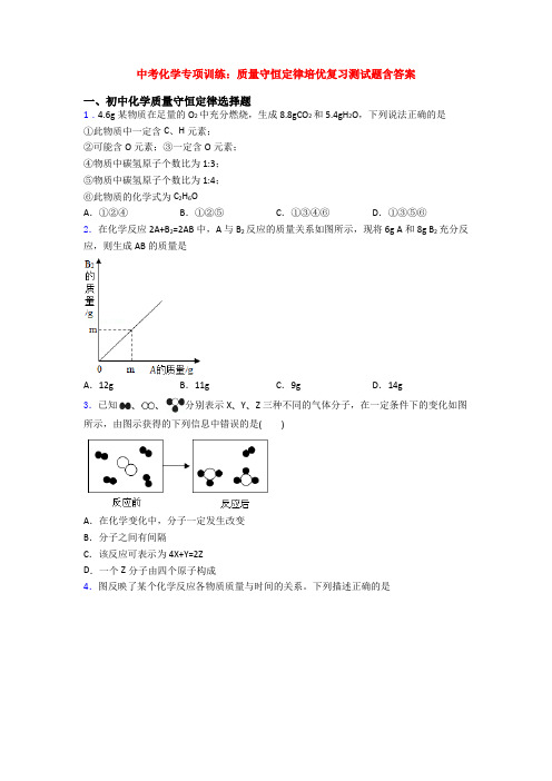 中考化学专项训练：质量守恒定律培优复习测试题含答案(1)