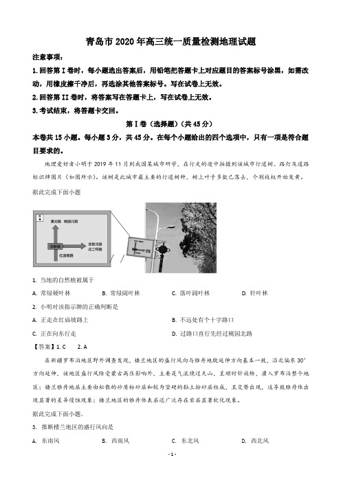 2020届山东省青岛市高三下学期4月统一质量检测地理试题