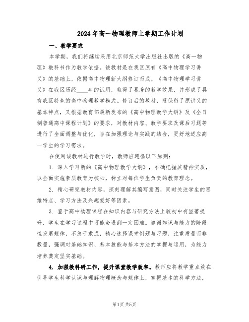 2024年高一物理教师上学期工作计划（二篇）