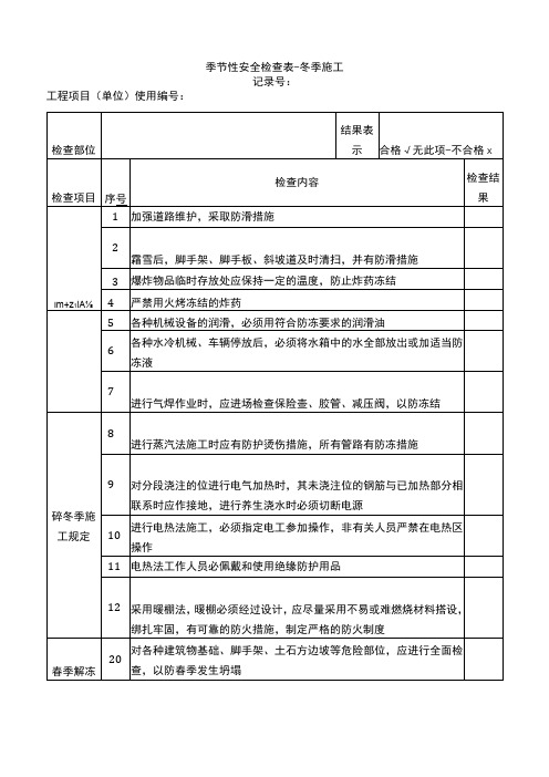 冬季施工安全检查表