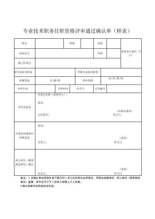 专业技术职务任职资格评审通过确认单样表