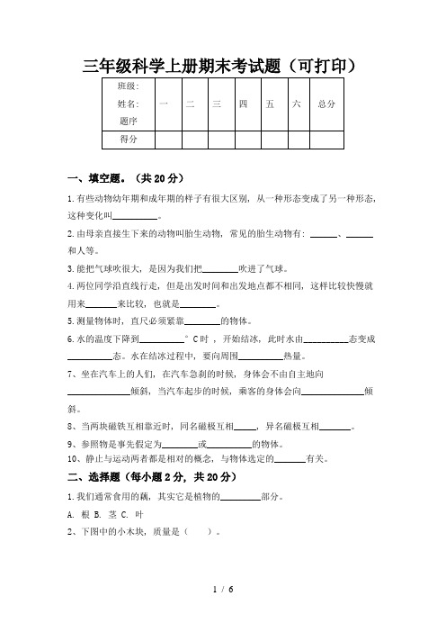 三年级科学上册期末考试题(可打印)