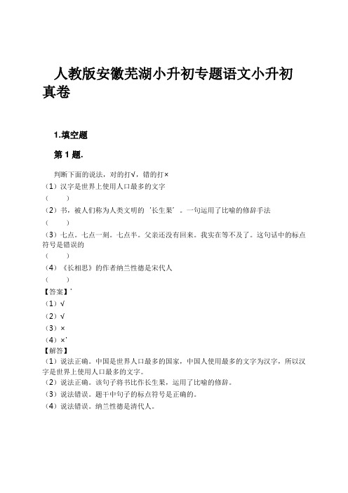 人教版安徽芜湖小升初专题语文小升初真卷试卷及解析