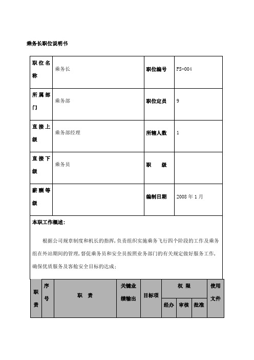 航空物流公司乘务长职位说明书及关键绩效标准