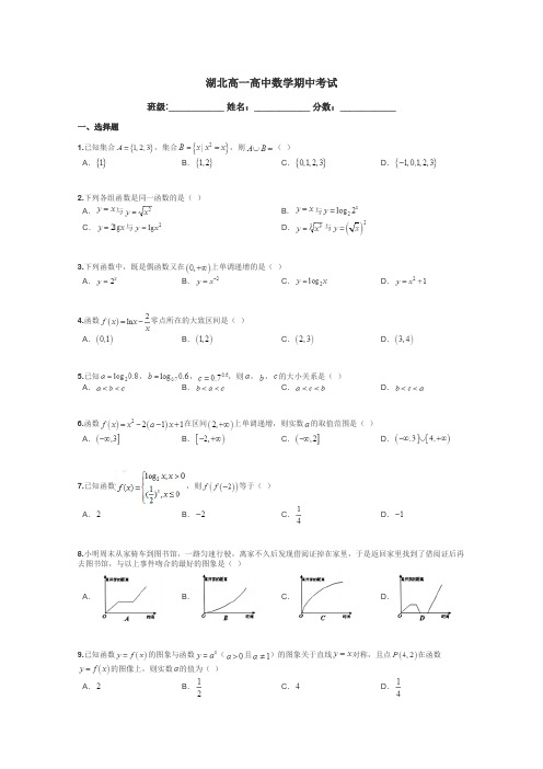 湖北高一高中数学期中考试带答案解析
