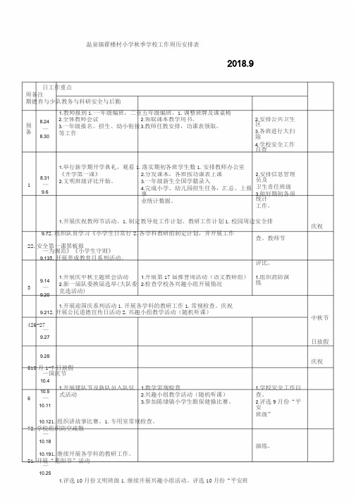 2018年秋季学校工作周历表