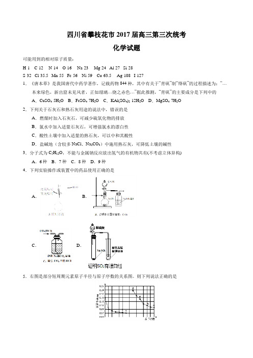 四川省攀枝花市2017届高三统考化学(原卷版)