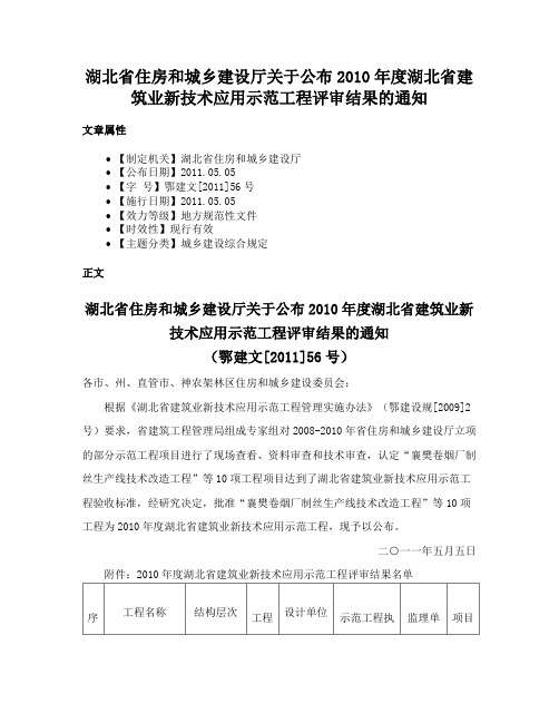 湖北省住房和城乡建设厅关于公布2010年度湖北省建筑业新技术应用示范工程评审结果的通知