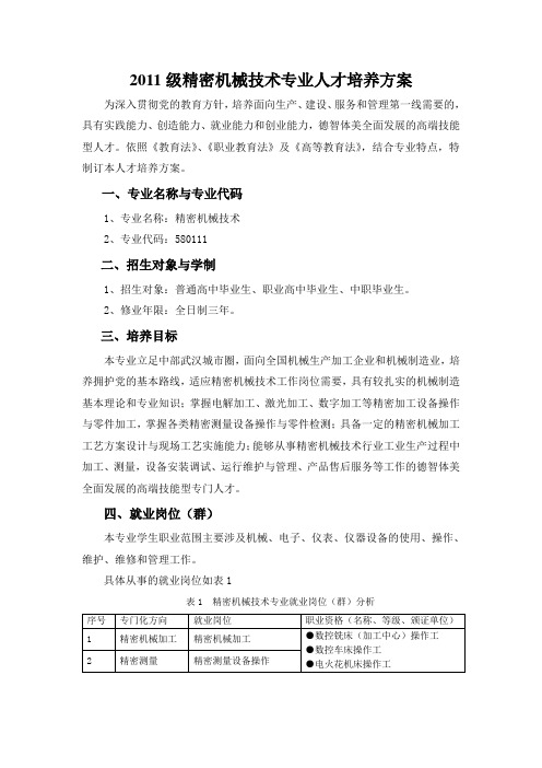 精密机械技术专业人才培养方案