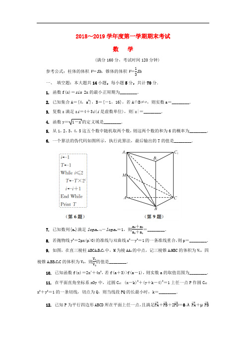 泰州市2019届高三数学上学期期末考试试卷