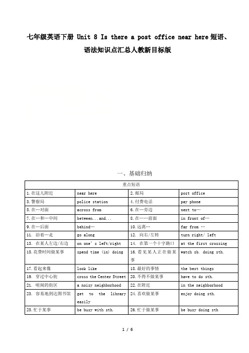 七年级英语下册 Unit 8 Is there a post office near here短语、语法知识点汇总人教新目标版